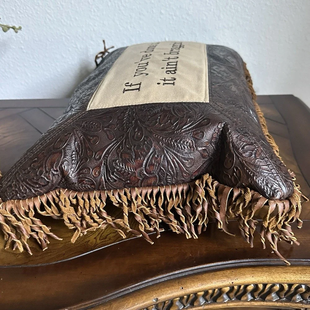 Double D Ranch Home Accent Pillow 18x12 Inch Tooled Leather Fringe USA Humor